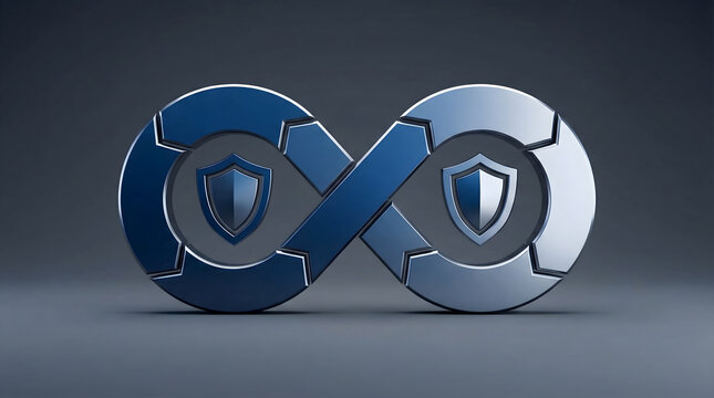 DevSecOps and Cybersecurity Concept: Continuous Protection with Infinity Symbol and Shields