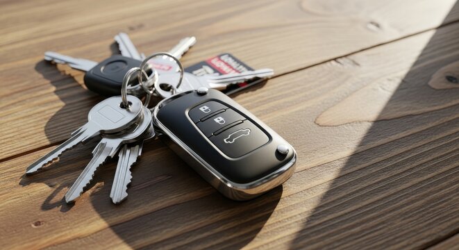 Modern electronic car key fob and house keys rest on a wooden surface.