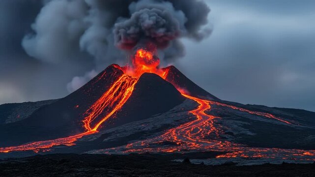 Dramatic Volcanic Eruption - Fiery Lava Flowing Down Mountain Sides.