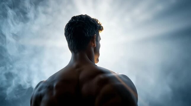 Silhouette of man receiving breath of life in light