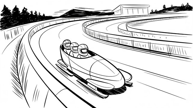 A black and white sketch-style illustration of a bobsleigh on an indoor track