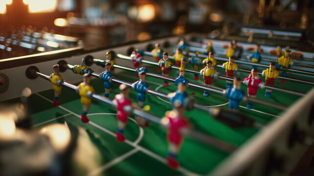 A game of foosball (table soccer) is in progress with players spinning sticks to hit the ball.