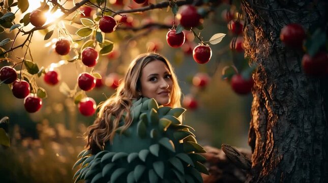 Woman looking at forbidden fruit with snake whispering