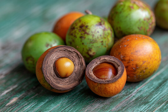 Fresh areca nut on a wooden surface.