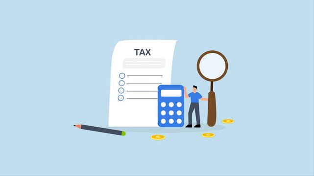 Tax planning, 4k animation of Businessman examines tax plan document with magnifying glass