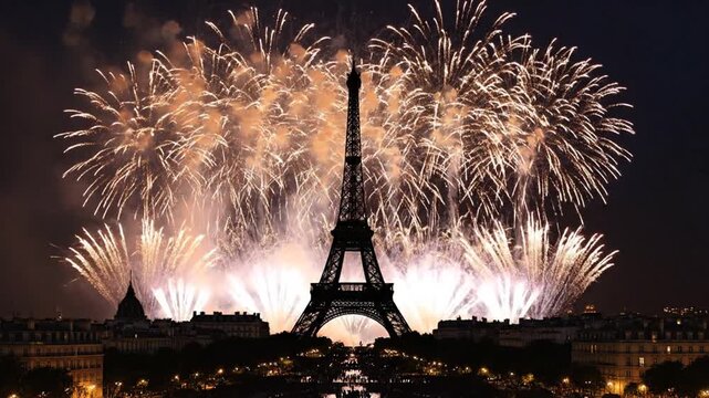 Spectacular Bastille Day fireworks illuminate the Eiffel Tower and Paris skyline at night with vibrant bursts of light
