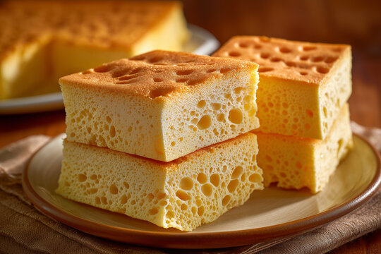 Fresh Bika Ambon with a light texture, a close-up of the sponge-covered cake showing its distinctive holes.