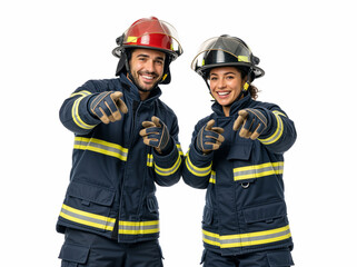 Fototapeta premium Happy firefighters pointing at camera isolated on white. Professional man and woman in turnout gear. International Firefighters Day banner