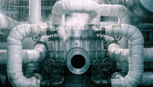 Medium shot of insulated ducts wrapping an energyefficient kiln showcasing heat recovery as exhaust heat is redirected for feed preheating in an industrial setting.