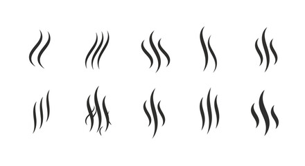 Fototapeta premium Set of stylized wavy lines depicting steam, smoke, or scent rising upwards against a white background