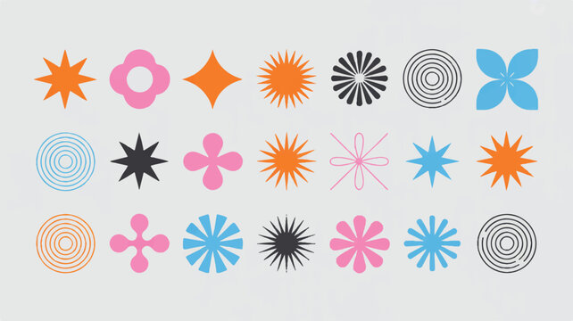 Collection of colorful geometric shapes and flowers in minimalist style