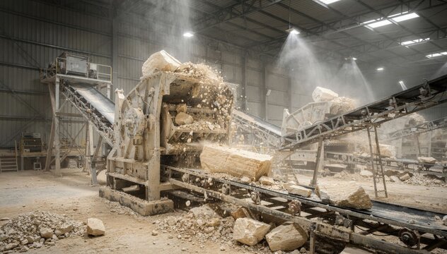 Medium shot of an indoor limestone crushing plant with massive crushers breaking rocks and dust suppression systems minimizing airborne particles in a controlled environment.