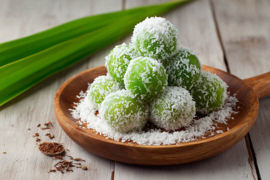 Fresh klepon on a wooden plate with round green pandan rice balls covered in white grated coconut.