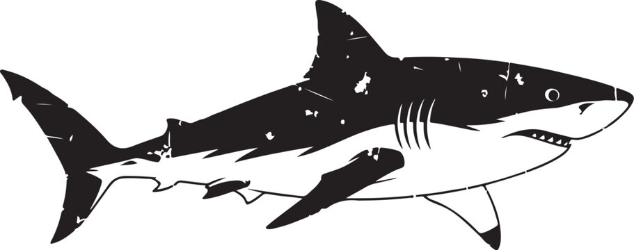 Black and white illustration of a great white shark