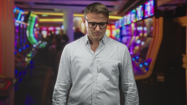 Man wearing glasses and a light button shirt gestures with hands near colorful slot machines inside a casino building; regret reflection.