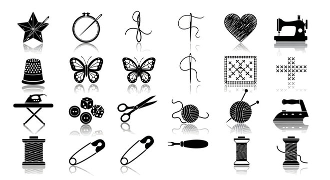 Black sewing icons set, 24 needlework and tailoring vector elements, sewing machine and craft tool silhouettes, embroidery and knitting hobby graphics
