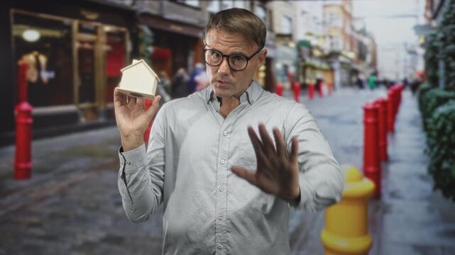 Man holding a small wooden house model in hand, palm raised in a stop gesture on a cobblestone street; investment contemplation.