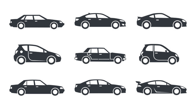 A diverse collection of black silhouette car icons, showcasing various vehicle types including sedans, hatchbacks, and sports cars, presented in a minimalist side profile view 