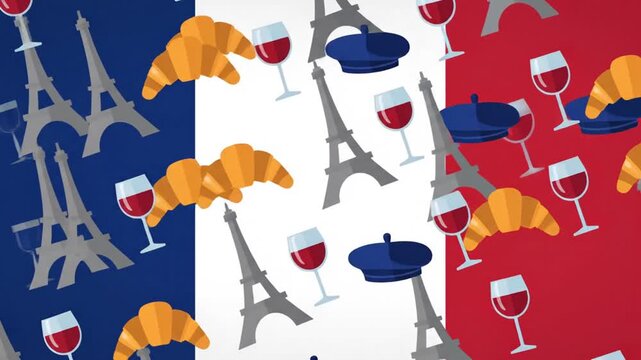 Celebrate Bastille Day with a festive French pattern featuring iconic Eiffel Tower, croissants, berets, and wine