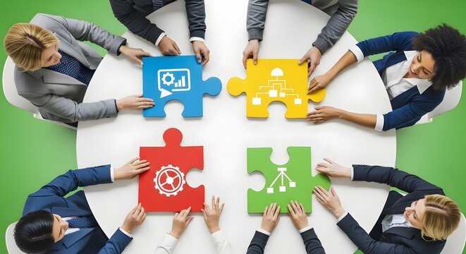 Diverse Business Team Collaborating on Puzzle Pieces for Strategic Solution and Project Development