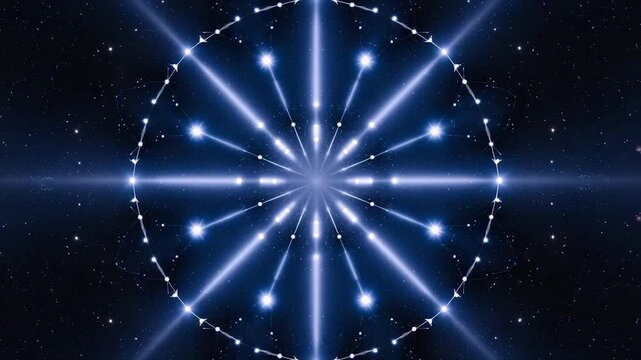 A celestial pattern features radial beams from a central point, surrounded by a starry background