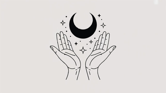 A minimalist black and white illustration of hands releasing a crescent moon and stars