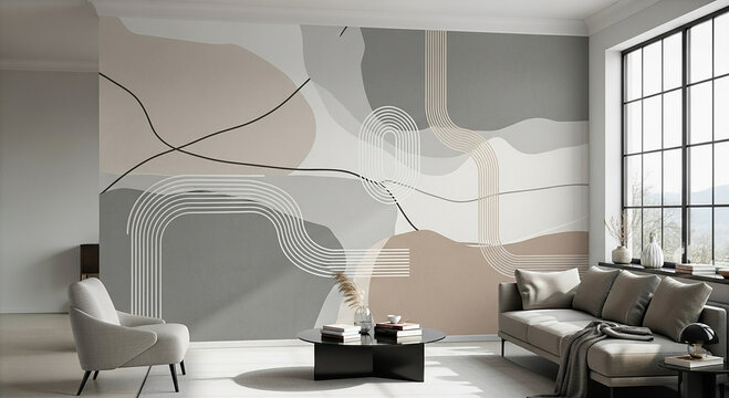 Modern living room with abstract wall mural and gray furniture beige sofa white armchair