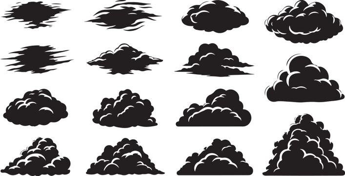 Collection of various black cloud shapes and designs isolated