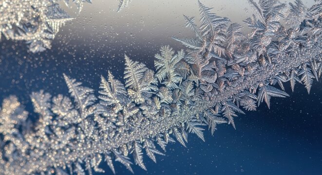 Intricate frost patterns crystallize across a cold glass window pane during winter.