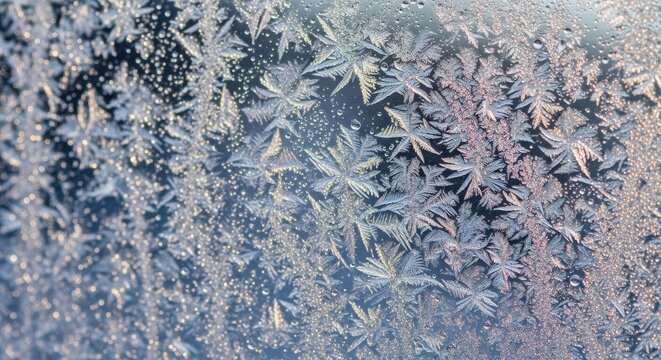Intricate frost patterns crystallize across a cold window pane during winter.