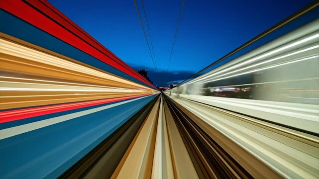 A high-speed, long-exposure shot shows speeding trains on parallel tracks against a blue sky