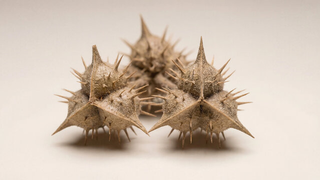 Gokhru thorn burs isolated on clean surface with sharp spiky texture