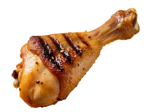 Isolated grilled chicken drumstick, delicious crispy roasted poultry meat with appetizing skin texture