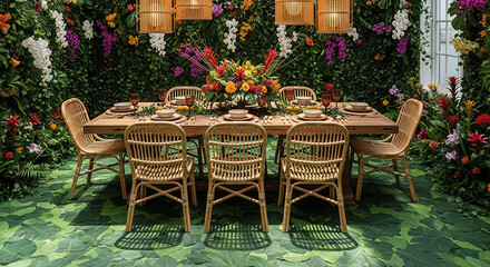 Obraz premium Wooden dining table with wicker chairs in lush green garden setting green floor floral arrangements