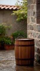 Fototapeta premium Rustic Wooden Barrel with Rainwater Under a Stone Wall in Charming Garden Setting