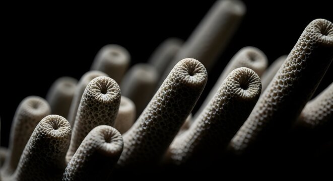 Macro Close-Up of Intricate Porous Stony Coral Texture on Dark Background