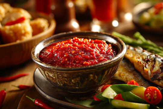 Fresh shrimp paste sambal in a bowl with thick red chili sauce and a visible texture.