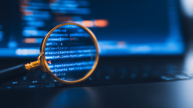 A magnifying glass examining software code on a laptop screen, symbolizing cybersecurity analysis, debugging, and digital investigation.
