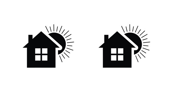 Simple black and white illustration depicting two houses with sunbursts above them symbolizing home and daylight