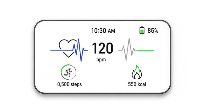 Heartbeat monitor screen showing 120 bpm, 8500 steps, 550 kcal, and 85% battery