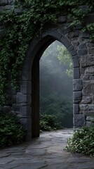 Fototapeta premium Ancient Stone Archway Covered in Ivy Leading to Misty Forest Pathway