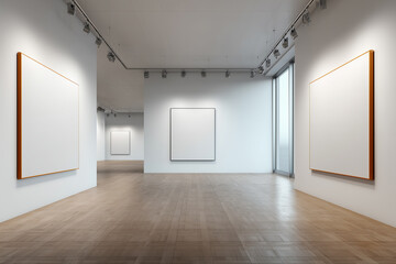 Fototapeta premium Gallery interior mockup featuring empty poster frames and canvas stretched on the wall.