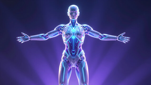 Futuristic Humanoid Robot with Open Arms on Neon Purple Background