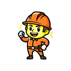 Fototapeta premium Cartoon electrician character in hard hat and uniform with lightning bolts.
