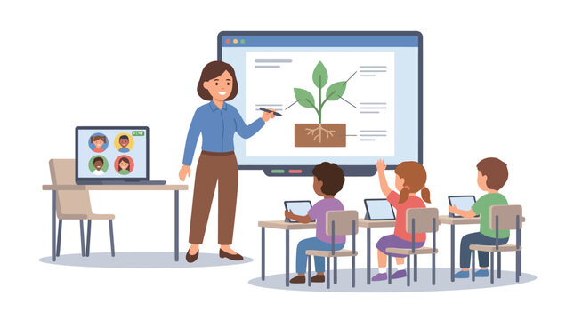 Teacher and students in a classroom with digital learning tools. EPS Editable. Vector Illustrations.