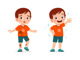 Fototapeta premium A cartoon boy feeling worried when dirty and then happy after becoming clean with sparkling effects