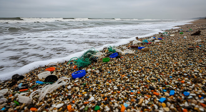 Waves wash over a gravely beach heavily contaminated with various plastic waste, microplastics, and discarded debris, highlighting the severe environmental crisis of ocean pollution