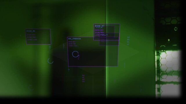Translucent UI overlays powering up in tech bay, circular progress rotating, system initializing
