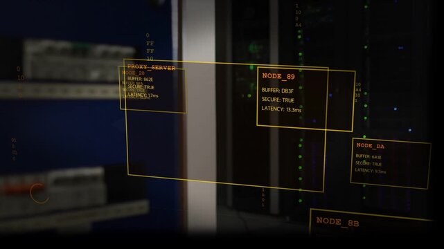 Server rack area panning right, network HUD monitoring PROXY_SERVER, NODE_89 latency and LEDs