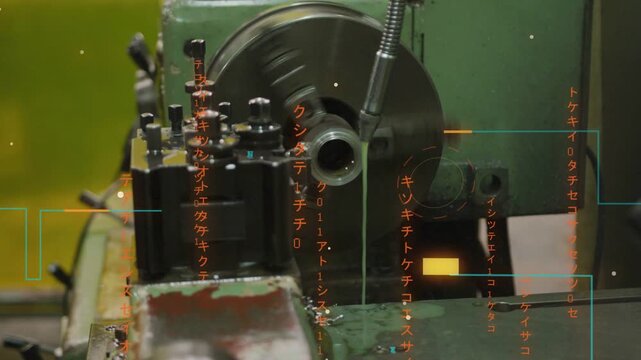 Spindle rotating and overlays showing, lathe boring inward, cutting chips forming, enlarging bore